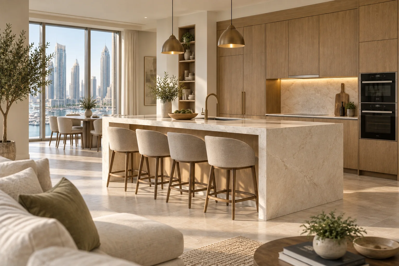 Marina apartment kitchen: island from living room