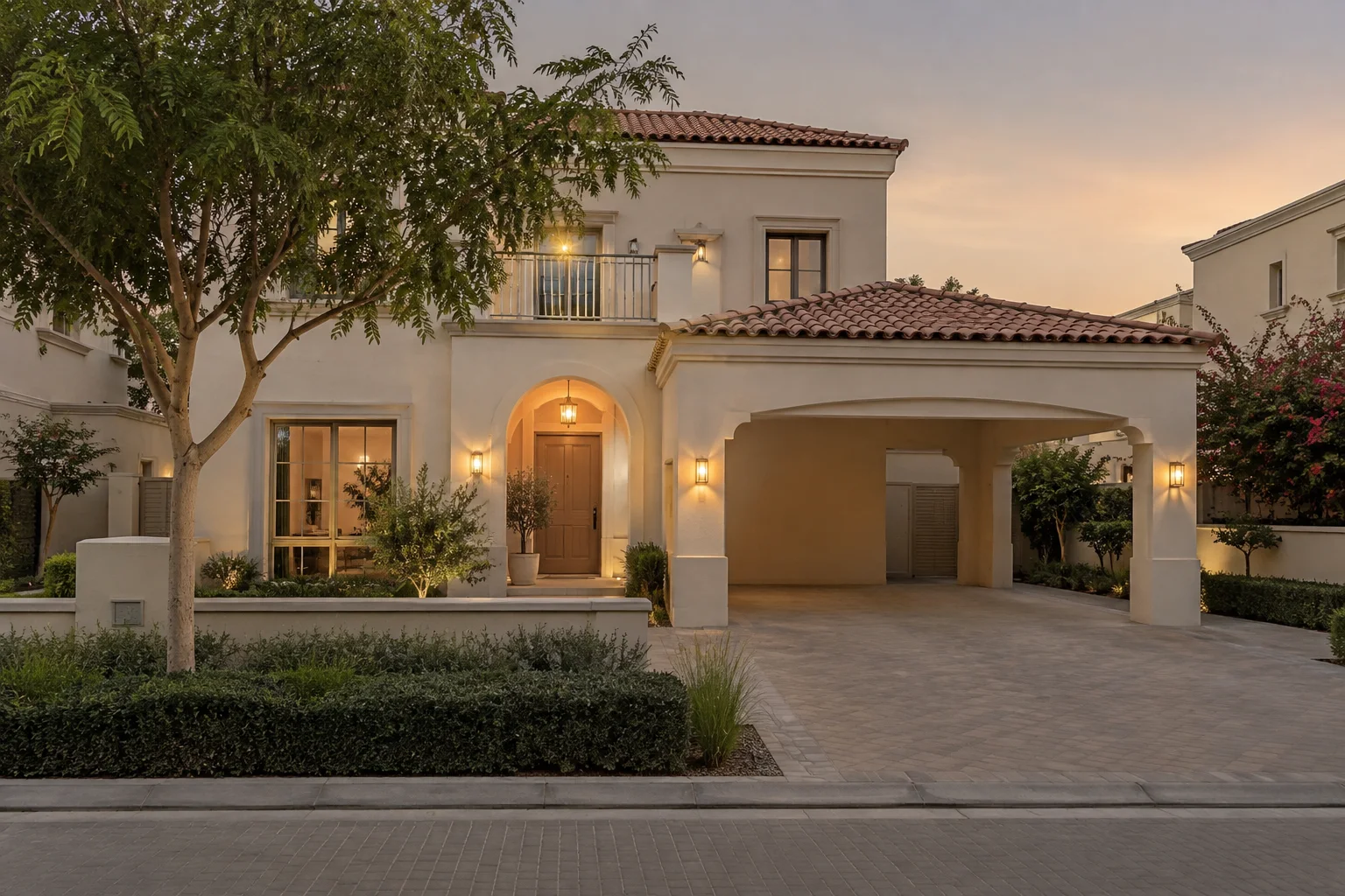 Springs villa, full renovation: facade at dusk