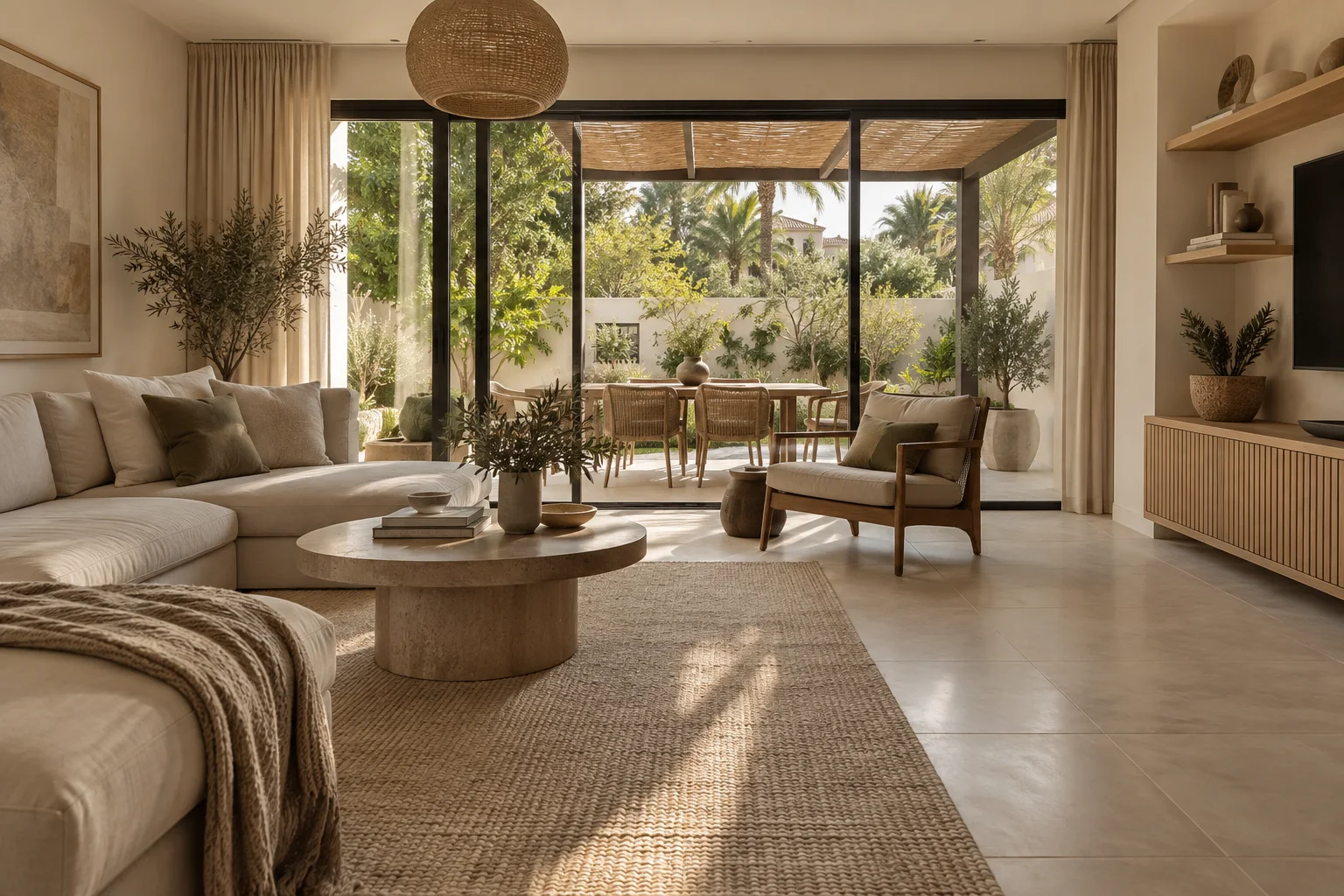 Finished villa living room in warm daylight